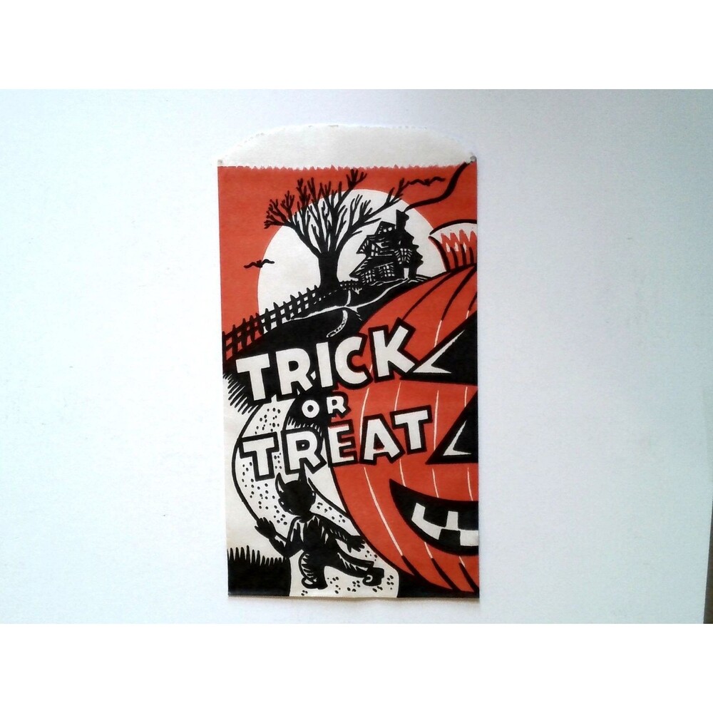 Vintage Halloween Trick or Treat Bag approx 9in Black Cat Jack-O-Lantern